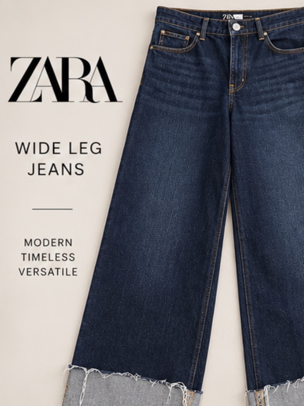 ZARA Dark Wash Wide Leg Jeans Size 10 Raw Hem High Rise Denim